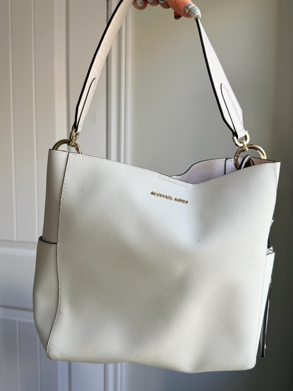 Michael Kors Cream Saffiano Leather Shoulder Hobo with Gold Hardware